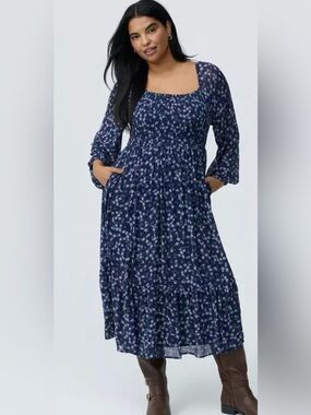 Navy Floral Square-Neck Maxi Dress